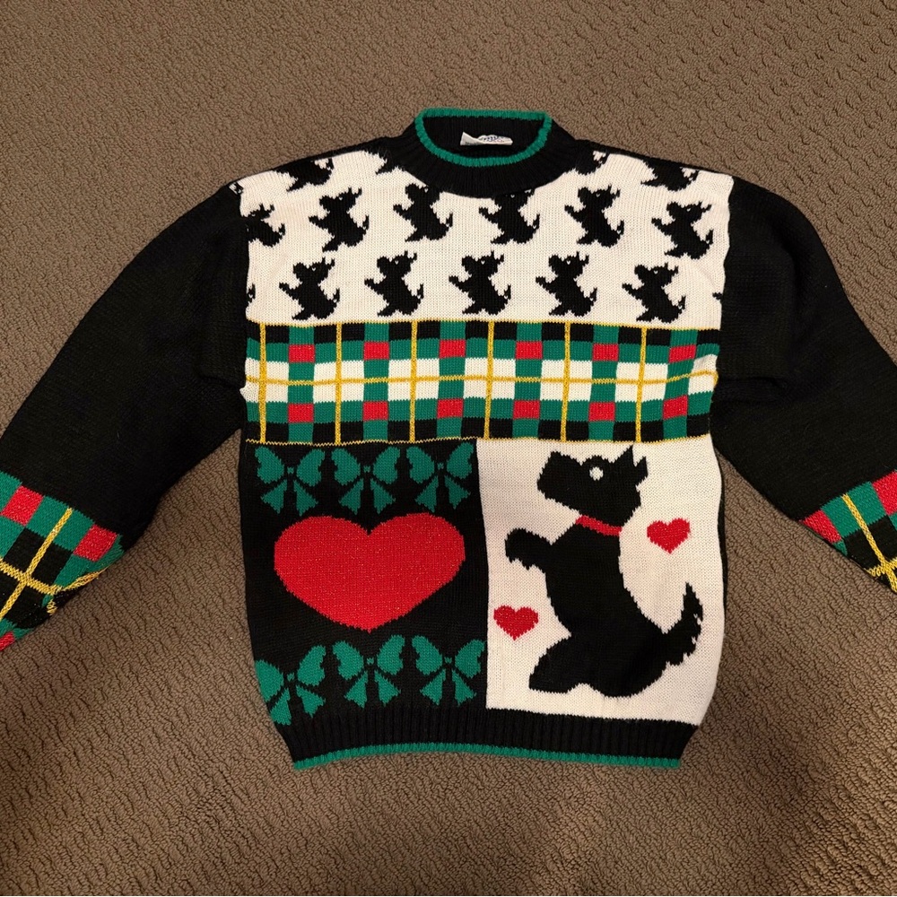 Vintage 80s Scottie Dog Christmas Sweater Tartan Plaid Black Retro Grandmacore
